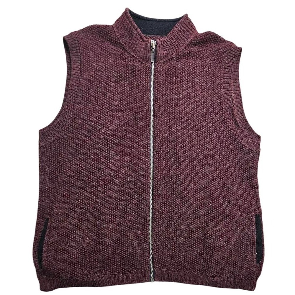 Vintage REI XL Full Zip Sweater Vest Burgundy Wool Blend Mock Neck Textured Knit